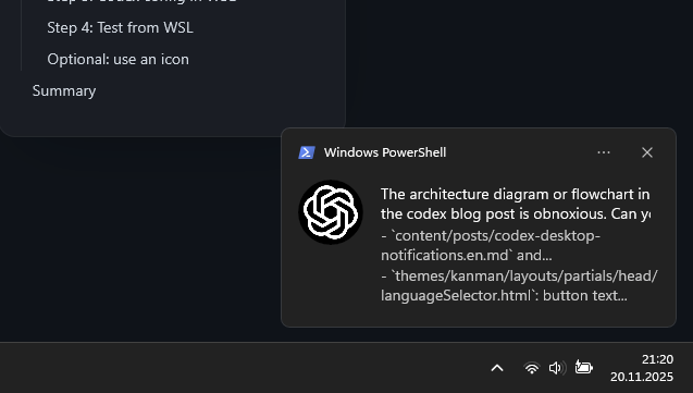 VS Code mit Codex-Panel und Codex-Benachrichtigung