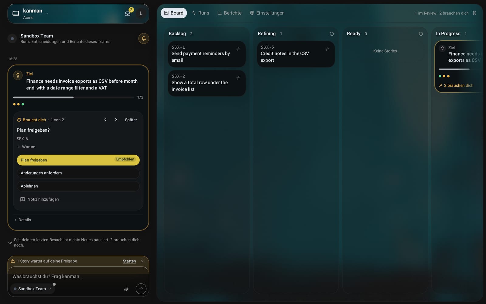 Der Chat des Teams mit kanman neben seinem Board: Updates zu Runs mit Stufe und Kosten, der Nachweis eines fertigen Runs und eine Entscheidung mit kanmans Empfehlung und den Optionen
