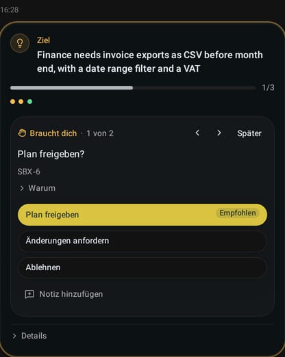 kanman fragt im Gespräch, ob der Plan einer Story freigegeben wird, mit kanmans Empfehlung und den Optionen Plan freigeben, Änderungen anfordern und Ablehnen